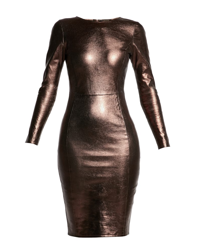 Front of a size 2XL MRS. SMITH STRETCH LEATHER DRESS in Bronze by AS by DF. | dia_product_style_image_id:316621